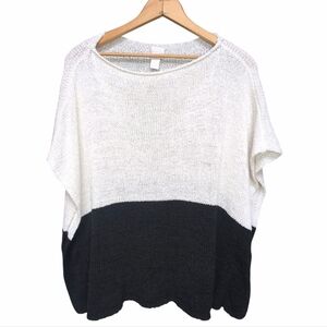 Chico's Shawl Sweater Roll Tab Scoop Neck Colorblock Black Ecru SMALL MEDIUM